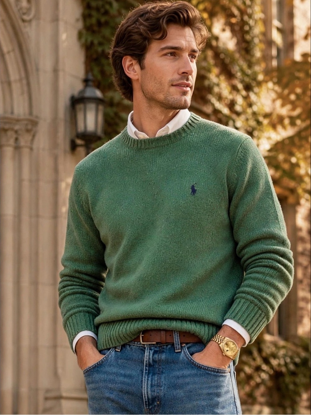 90’s vintage Ralph Lauren Men’s Heather Green Crewneck Sweater with Navy Pony